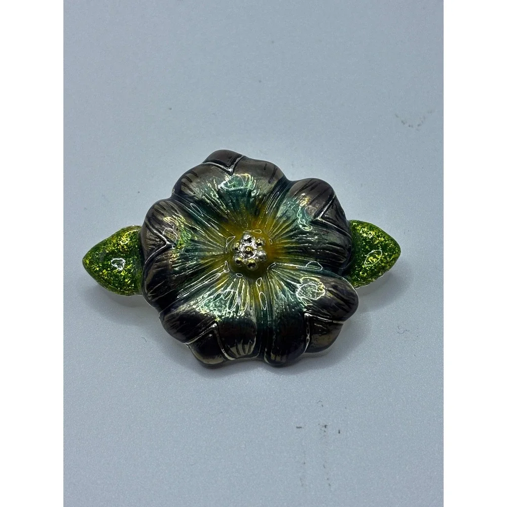 Vintage Enamel Flower Brooch Iridescent Teal Green Leaf Silver‎ Tone Floral Pin